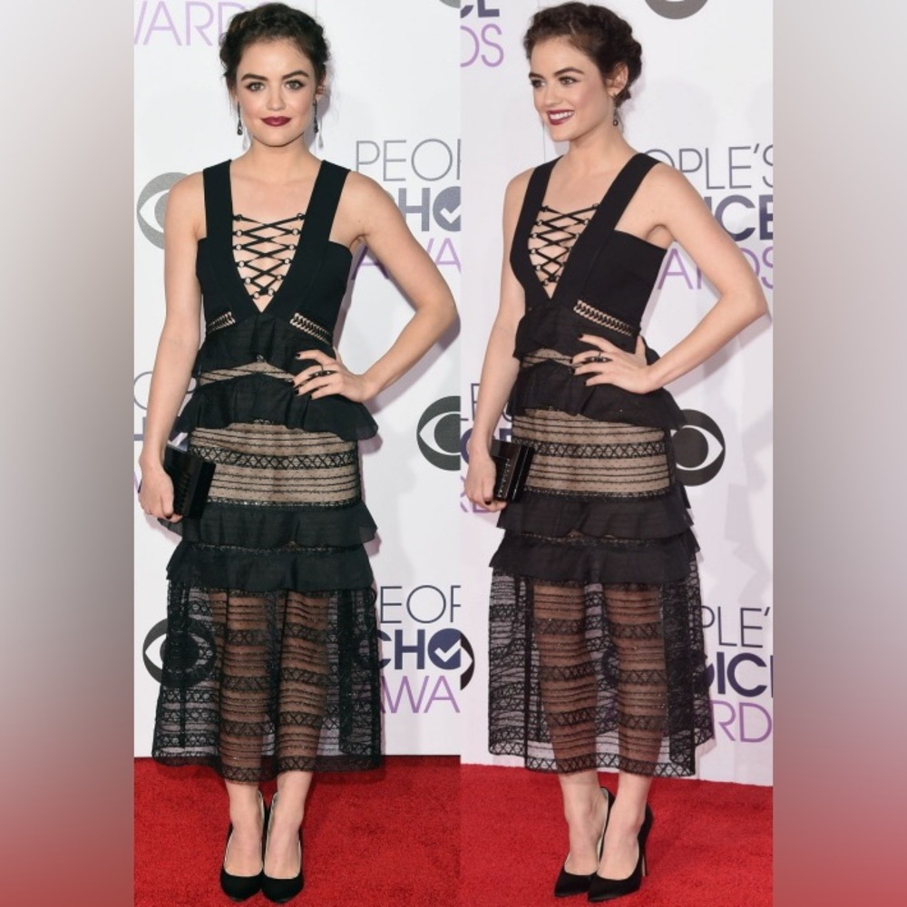 Self-Portrait Black Lace-Up Flounce Column Dress NWT